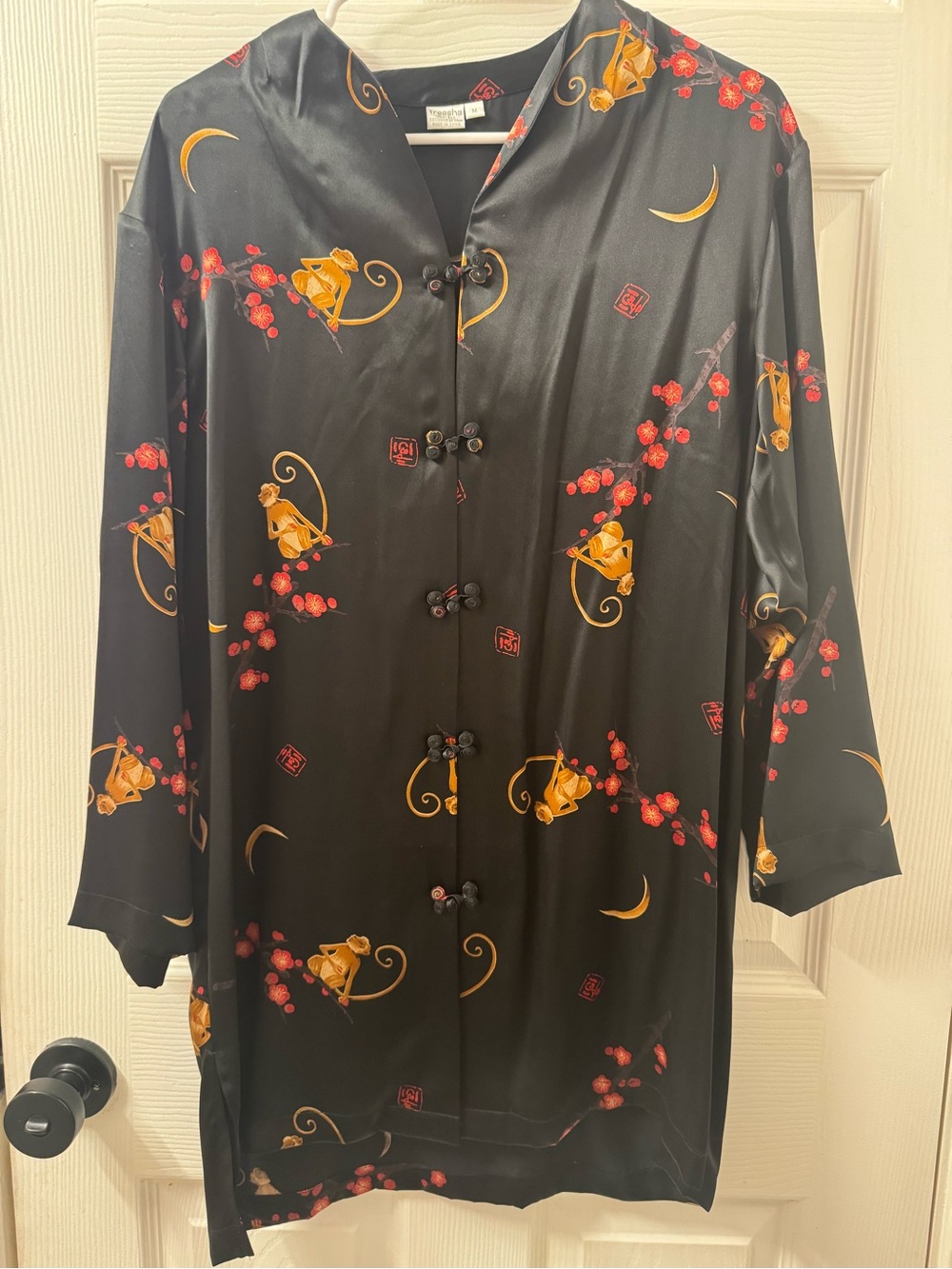 Treesha 100% Silk Long Blouse Top with Gold Monkey & Red Blossom Print Size M